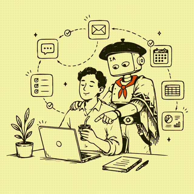 Animación de automatización con IA para PyMEs, mostrando herramientas y procesos conectados de forma simple.